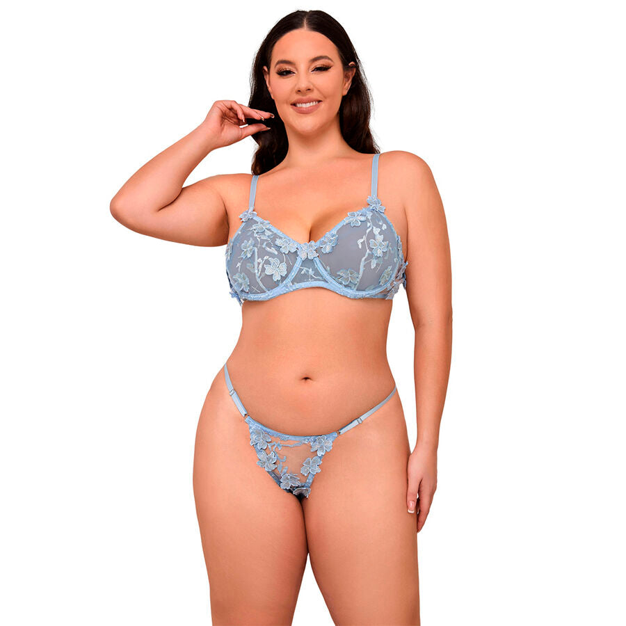 SUBBLIME - 957629 ENSEMBLE SOUTIEN-GORGE ET CULOTTE BLEU CIEL BRODÉ À FLEURS TAILLE S/M