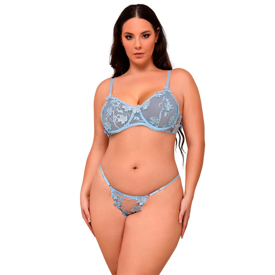 SUBBLIME - 957629 COMPLETO REGGISENO E SLIP RICAMATI A FIORI AZZURRO CIELO S/M