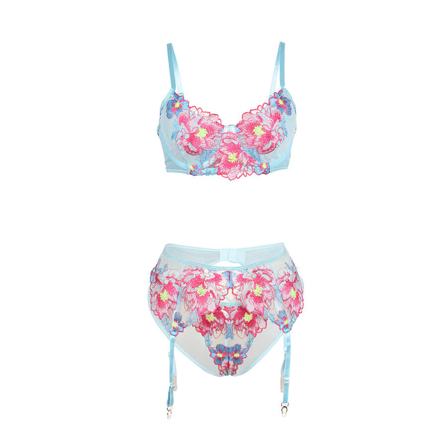 SUBBLIME - 957643 PINK FLOWER EMBROIDERED BRA AND BELT SET S/M