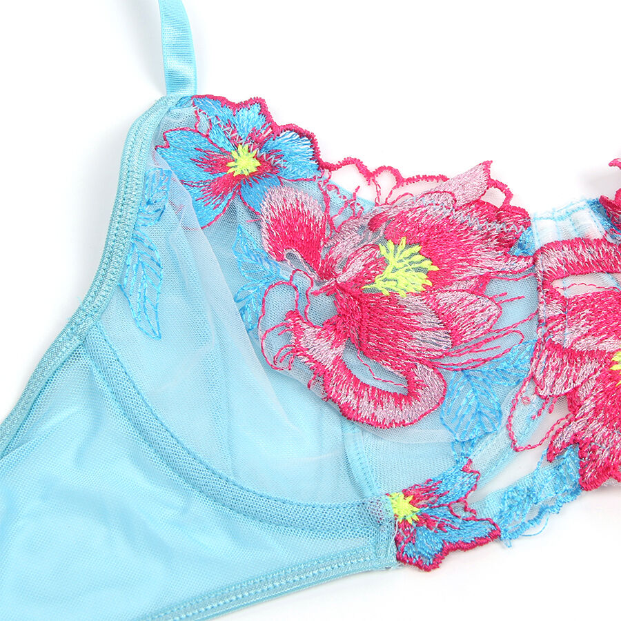 SUBBLIME - 957643 PINK FLOWER EMBROIDERED BRA AND BELT SET S/M