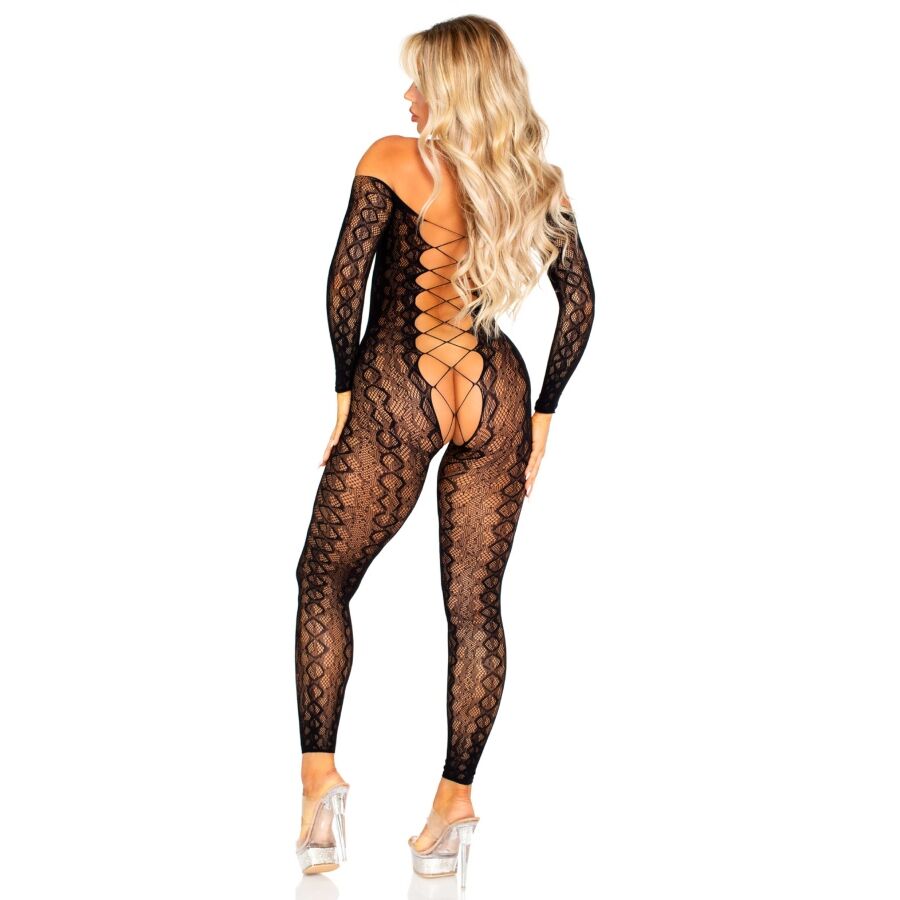 LEG AVENUE - BLACK EXOTIC SNAKE LACE CROTCHLESS BODYSTOCKING