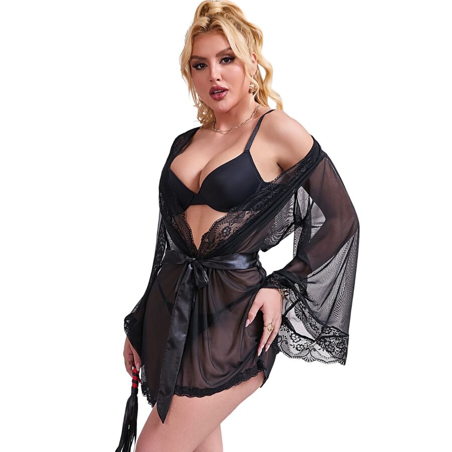 SUBBLIME - TRANSPARENT DRESSING GOWN WITH BLACK LACE DETAILS S/M
