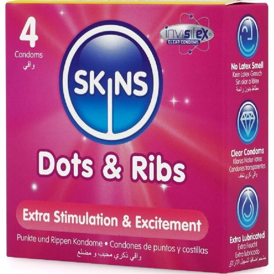 SKINS - DOTS &amp; RIBS PRÉSERVATIFS PREMIUM, PAQUET DE 4