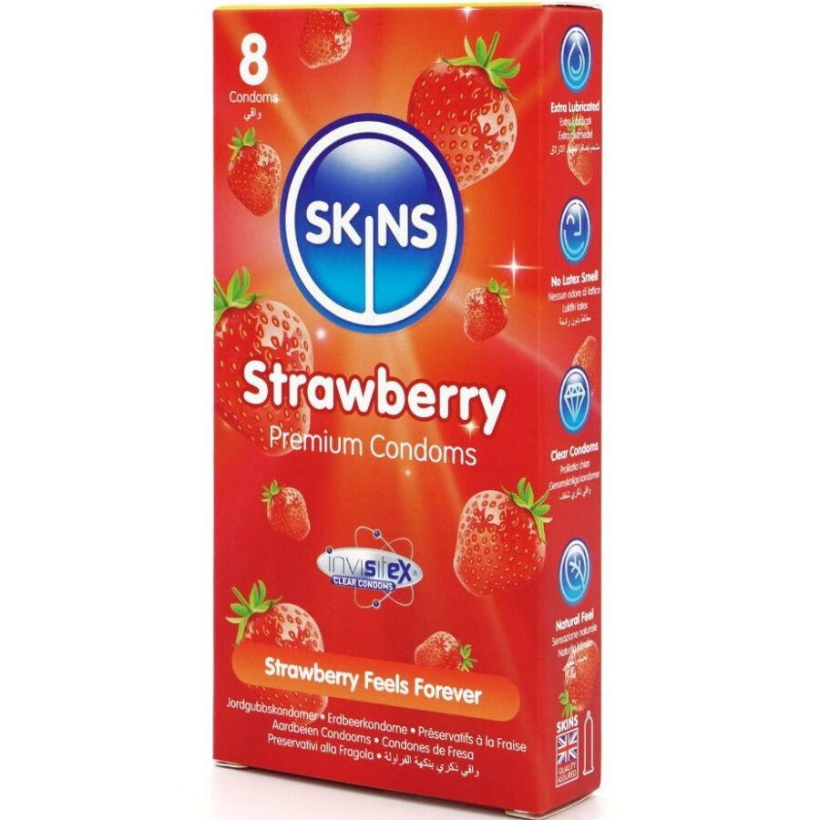 SKINS - PRÉSERVATIFS PREMIUM À LA FRAISE, PAQUET DE 8