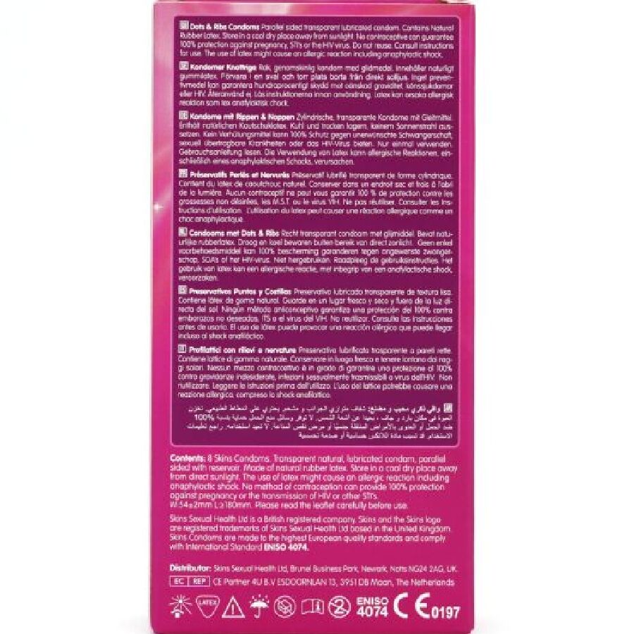 Préservatifs premium Skins - Dots &amp; Ribs, paquet de 8