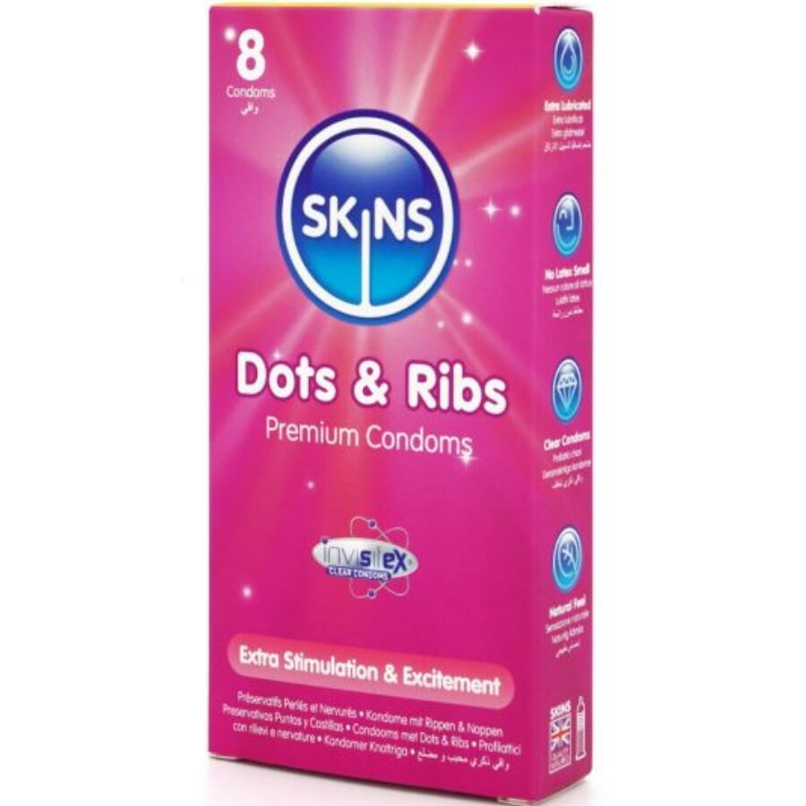 Préservatifs premium Skins - Dots &amp; Ribs, paquet de 8