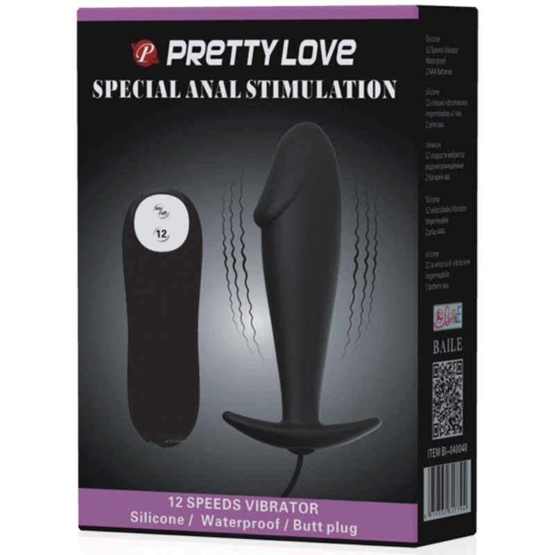 PRETTY LOVE - PENIS-SHAPED SILICONE BUTTER PLUG WITH 12 VIBRATION MODES, BLACK