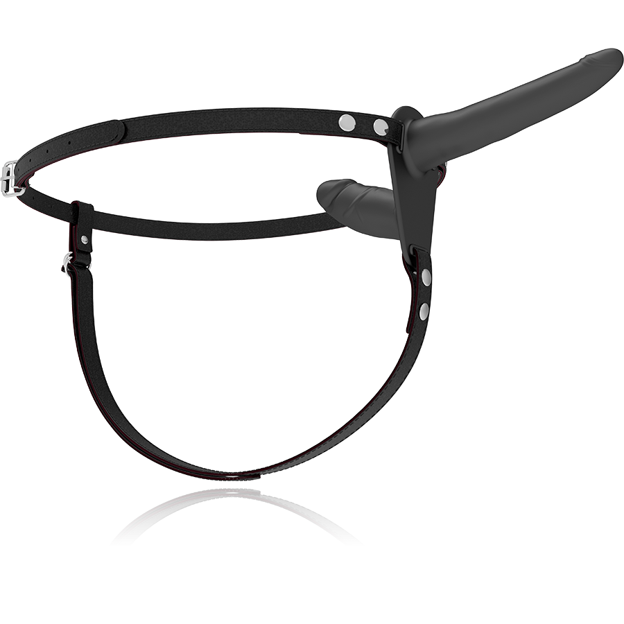 HARNAIS DE SOUMISSION FÉTICHISTE - VIBRATEUR NOIR À DOUBLE PÉNÉTRATION